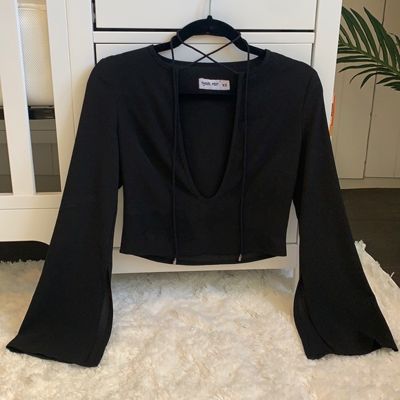 Tiger Mist | Black Long Sleeve Crop Top with Neck Ties - Picture 2 of 6